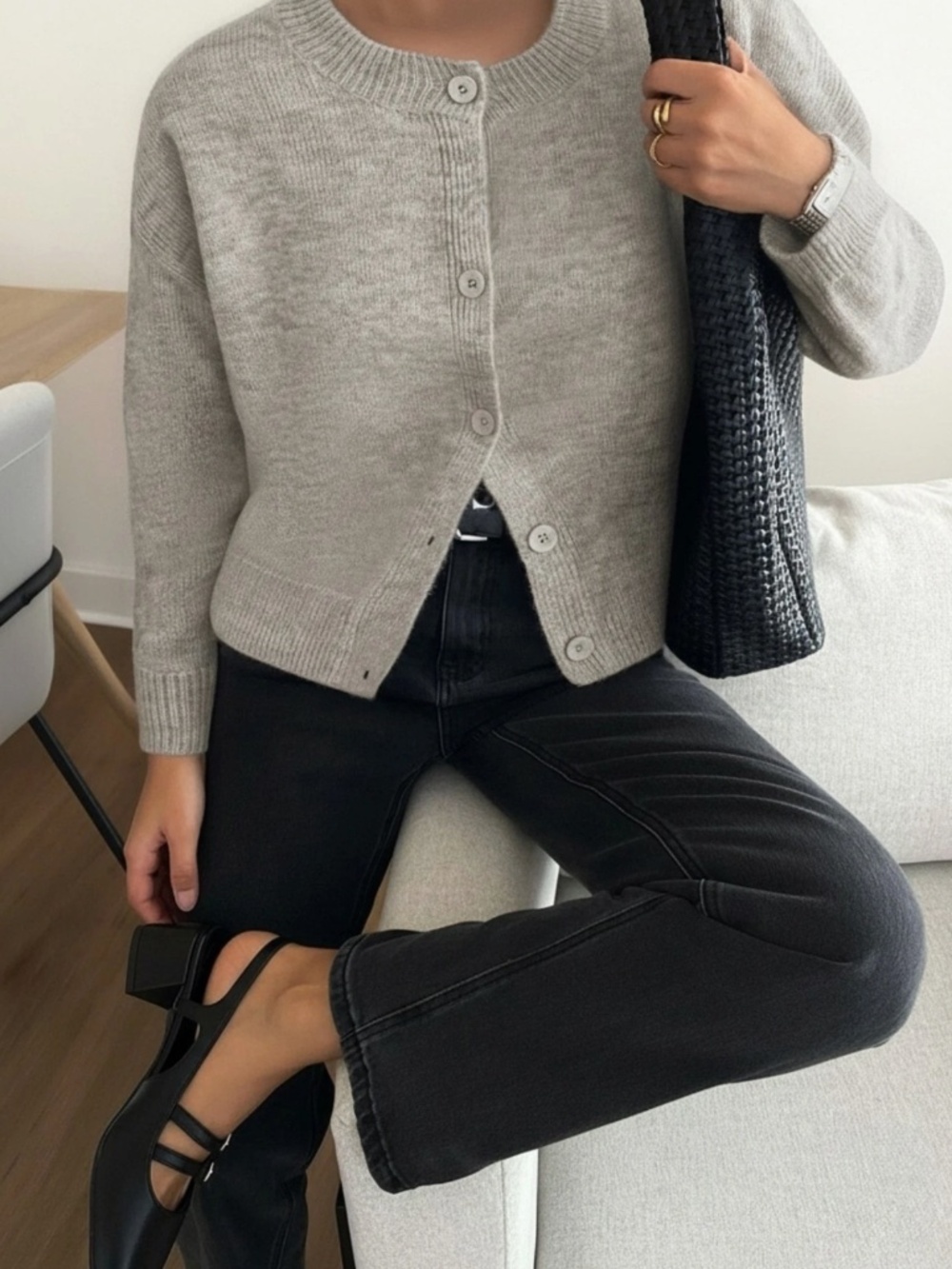 Grey Knit Button Through Cardigan Round Neck Long Sleeve